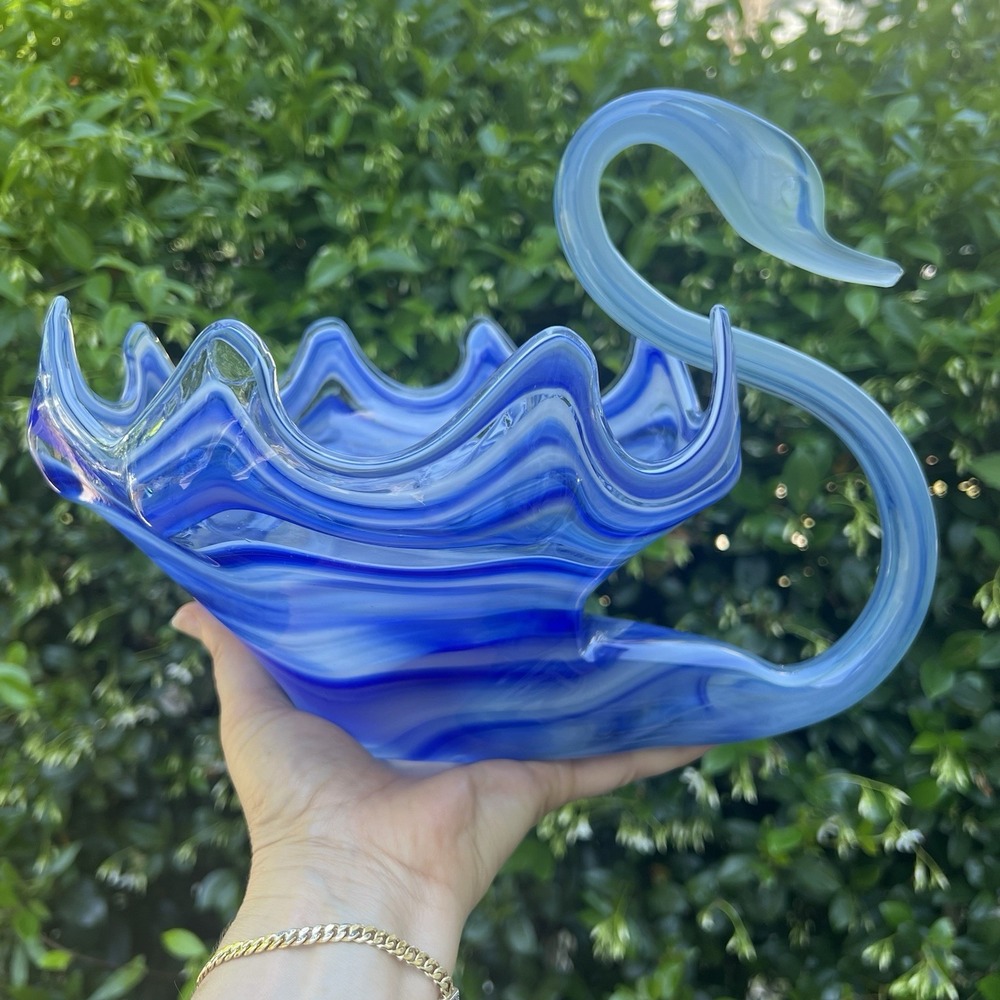 Vintage Hand-Blown Swirl Blue Murano Style Glass Bowl 11" Swan Shape Centerpiece